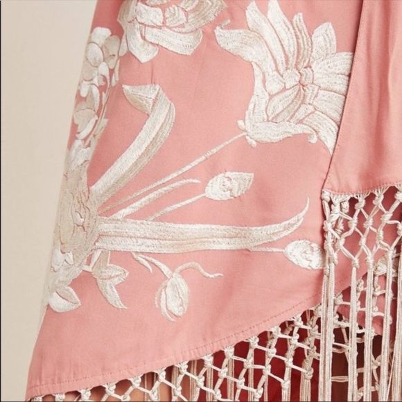 Anthropologie Pink Floral Embroidered Fringe Wrap Midi Dress Size 2P - Picture 4 of 16